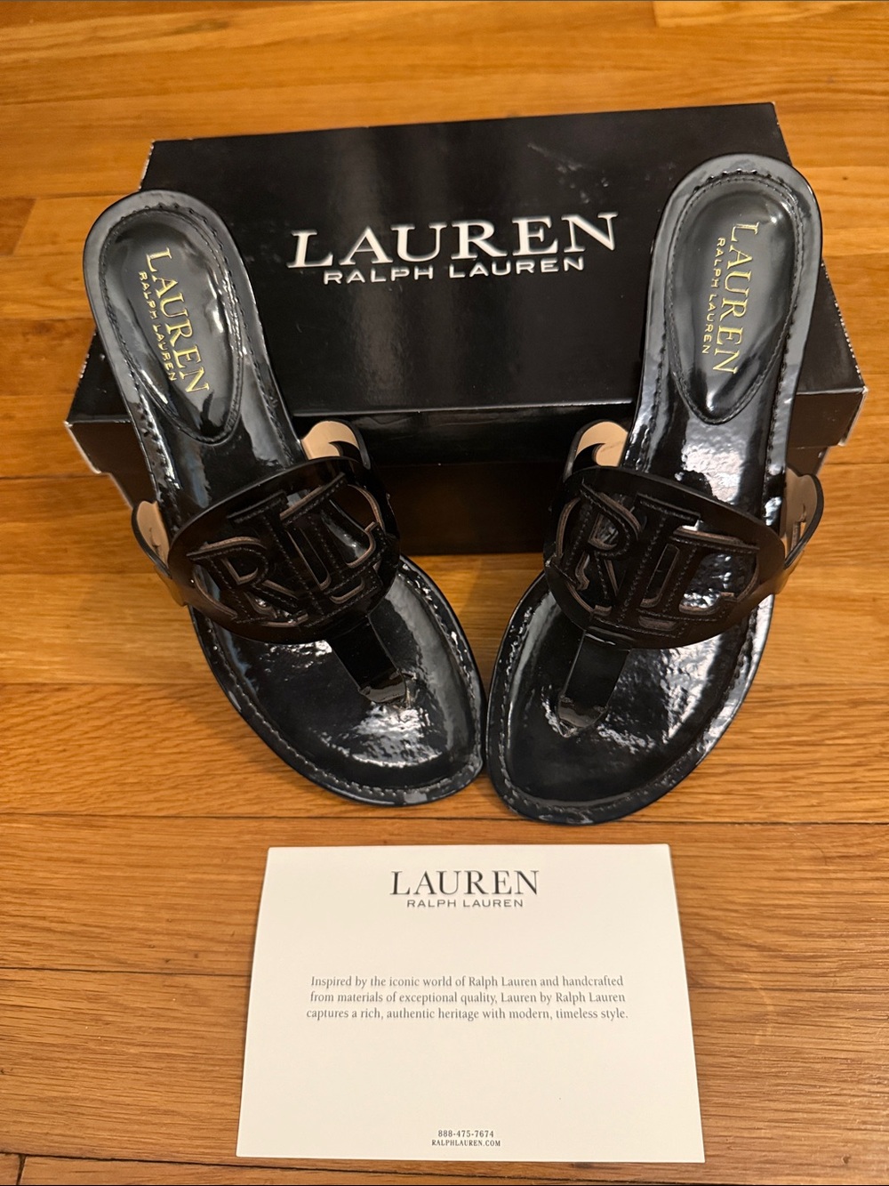 Lauren Ralph Lauren Black Patent Logo Toe-Post Sandals